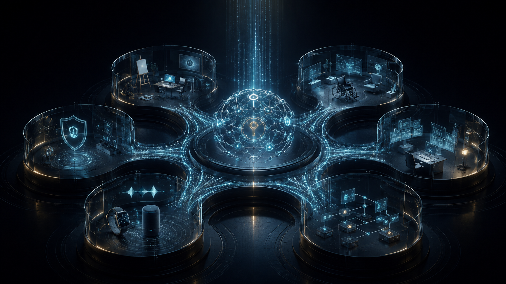 A protected continuity core branching into multiple bounded AI experience rooms.
