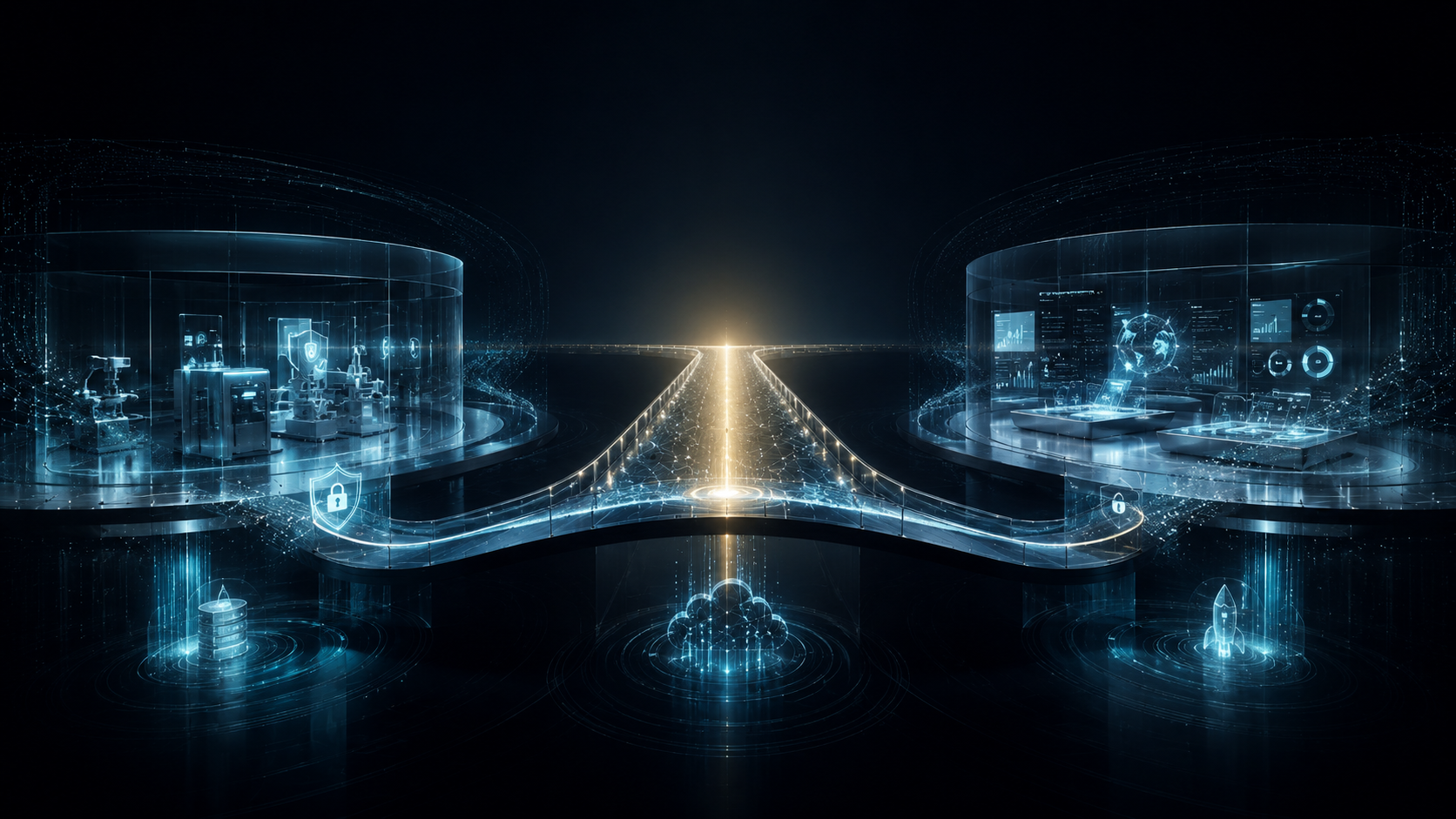 A protected lab connected to a partner demo environment by a bright runway bridge.